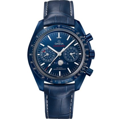 Omega Blue Side Of The Moon Speedmaster Moonphase 44,25 mm, niebieska ceramika na skórzanym pasku 304.93.44.52.03.001