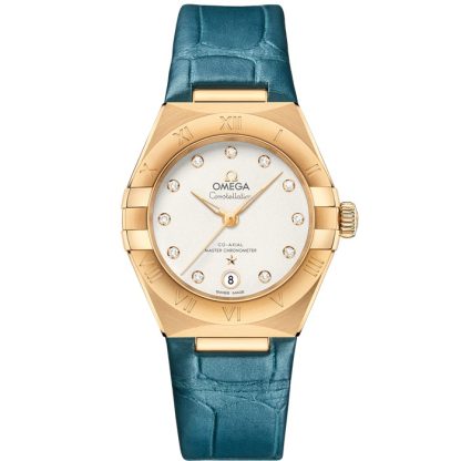 Omega Constellation 29 mm, żółte złoto na skórzanym pasku 131.53.29.20.52.001