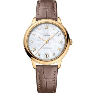 Omega De Ville Prestige 34 mm, żółte złoto na skórzanym pasku 434.53.34.20.55.002