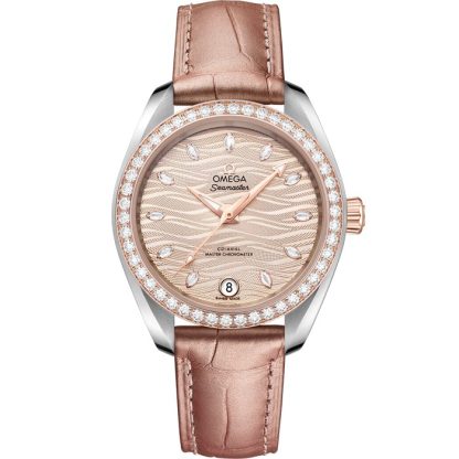 Omega Seamaster Aqua Terra 150M 34 mm, stal - złoto Sedna™ na skórzanym pasku 220.28.34.20.59.001