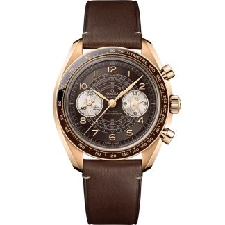 Omega Speedmaster Chronoscope 43 mm, brązowe złoto na skórzanym pasku 329.92.43.51.10.001