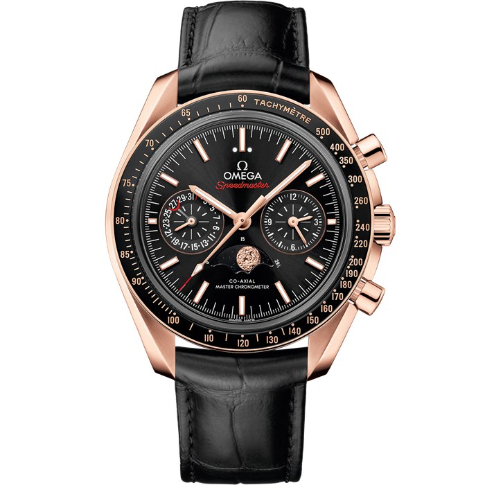 Omega Speedmaster Moonphase 44,25 mm, złoto Sedna™ na skórzanym pasku 304.63.44.52.01.001